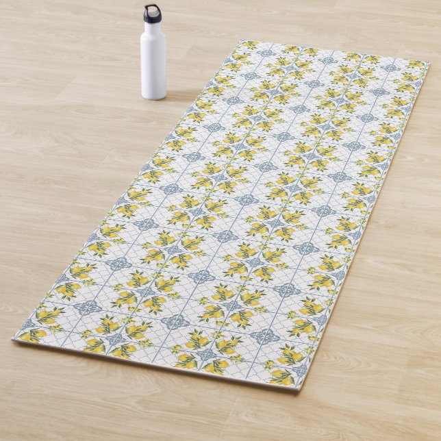 Blue Watercolor French Country Lemon Yoga Mat (In Situ)