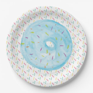 Blue Watercolor Frosted Doughnut and Sprinkles Paper Plate