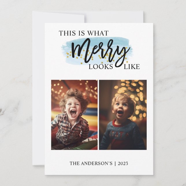 Blue Watercolor Funny Kids Two Photo Holiday Card (Front)