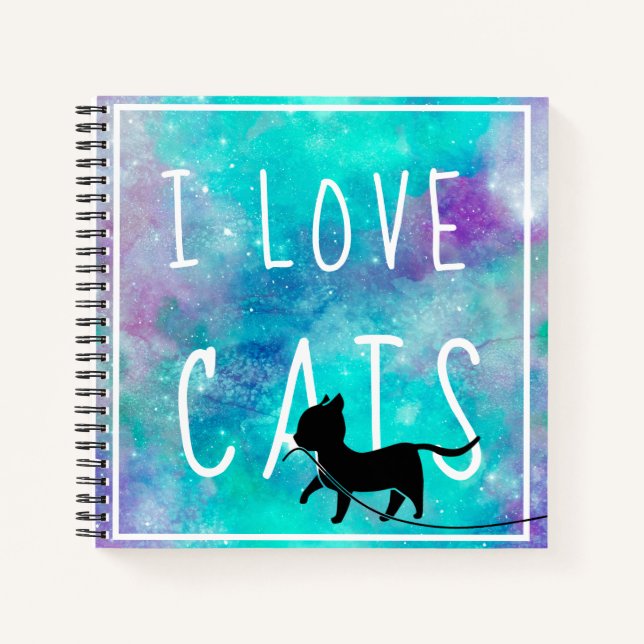 Blue Watercolor Galaxy I Love Cat Lover Drawing Notebook (Front)