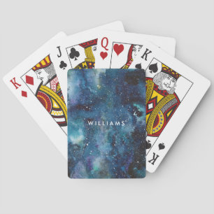 Blue Watercolor Galaxy Space Stars Name Playing Cards