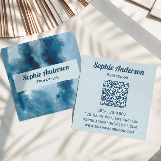 Blue Watercolor Geode QR Code Professional Square Business Card