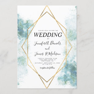 blue watercolor geometric gold frame wedding invitation