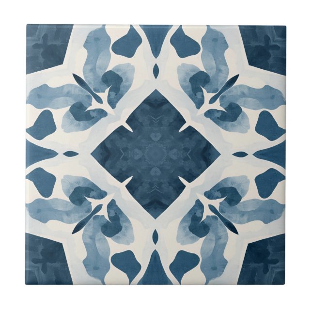 Blue Watercolor Geometric Pattern Ceramic Tile (Front)