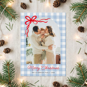 Blue Watercolor Gingham Arch Photo Holiday Card