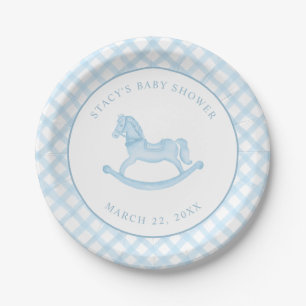Blue Watercolor Gingham Rocking Horse Baby Shower Paper Plate