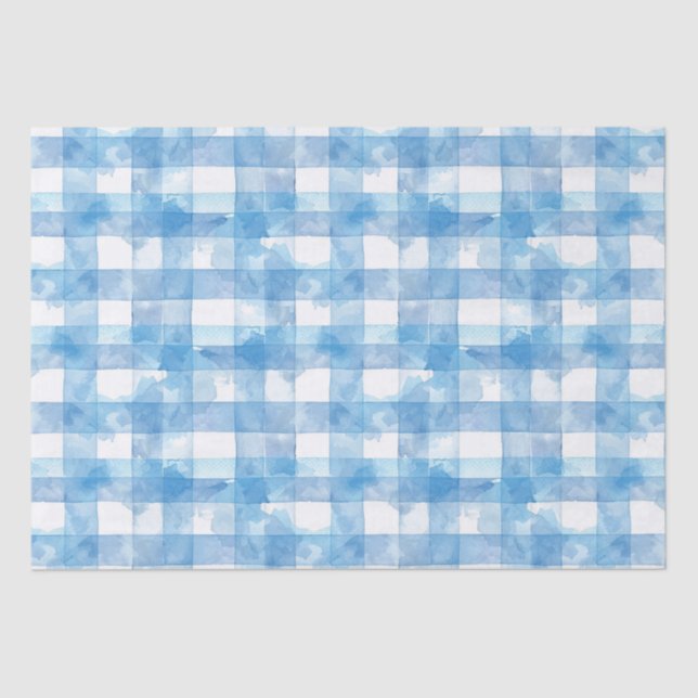 Blue Watercolor Gingham Tissue Paper (Front)
