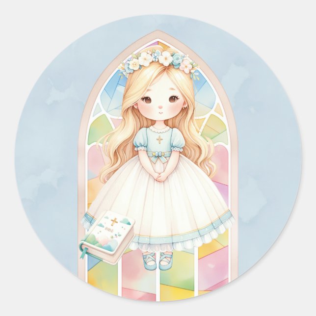 Blue Watercolor Girl 1st. Communion  Classic Round Sticker (Front)