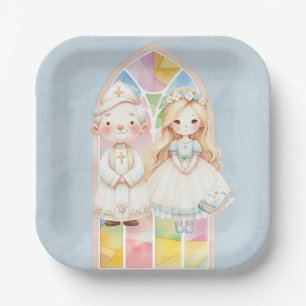 Blue Watercolor Girl 1st. Communion  Paper Plate