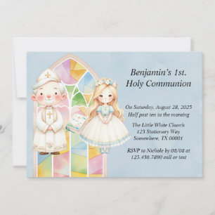 Blue Watercolor Girl 1st. Holy Communion  Invitation