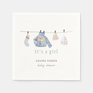 Blue Watercolor Girl Winter Clothes Baby Shower  Napkin