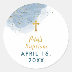 Blue Watercolor Glitter Gold Cross Baptism Boy Classic Round Sticker