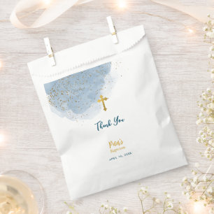 Blue Watercolor Glitter Gold Cross Baptism Boy Favour Bag