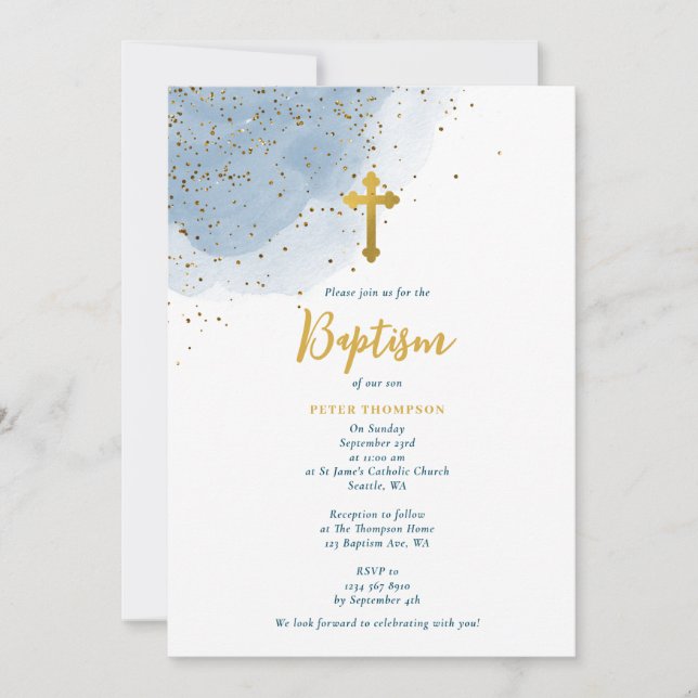 Blue Watercolor Glitter Gold Cross Baptism Boy Invitation (Front)