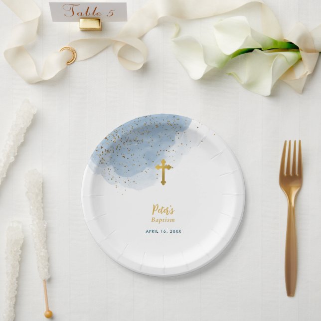 Blue Watercolor Glitter Gold Cross Baptism Boy  Paper Plate (Wedding)