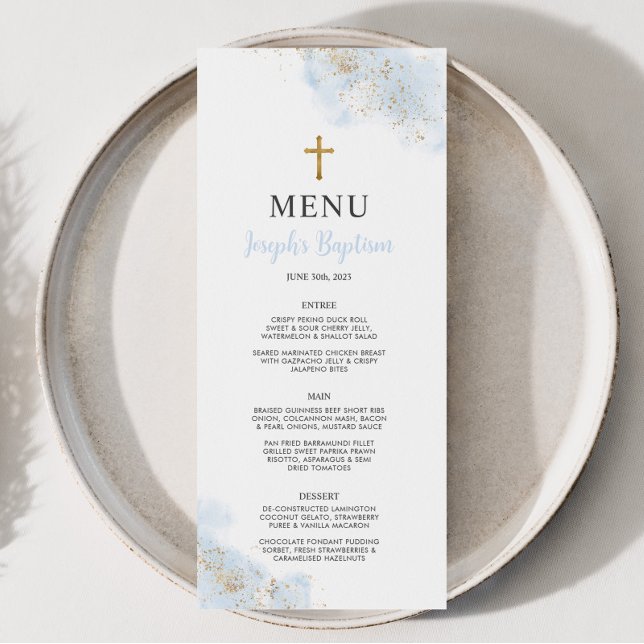 Blue Watercolor Gold Boys Christening Baptism Menu (Baptism Menu | Matching invitation and other matching items available. )