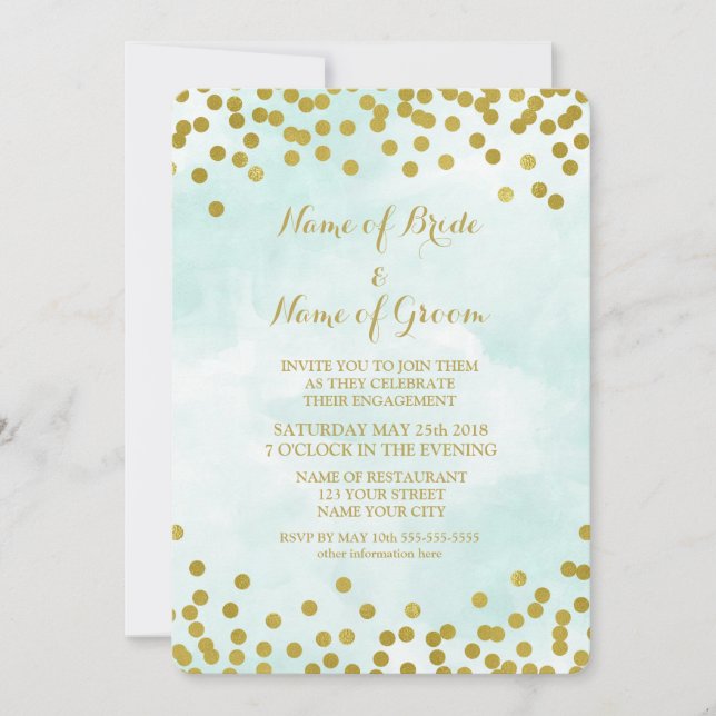 Blue Watercolor Gold Confetti Engagement Party Invitation (Front)