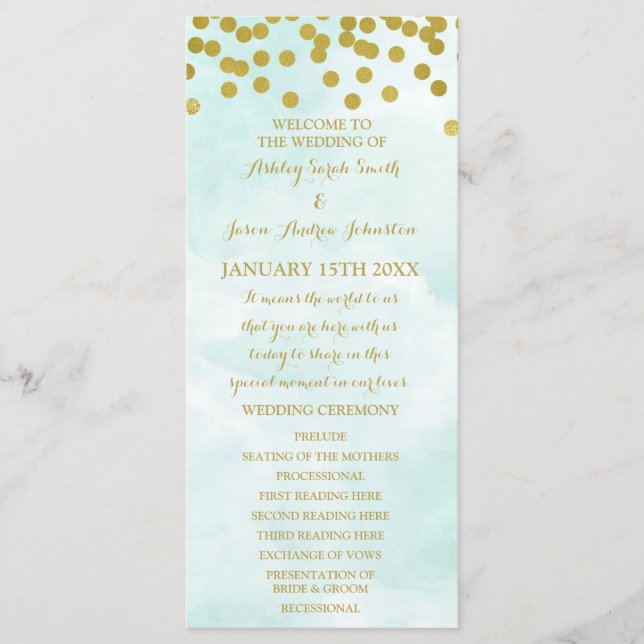 Blue Watercolor Gold Confetti Wedding Program (Front)