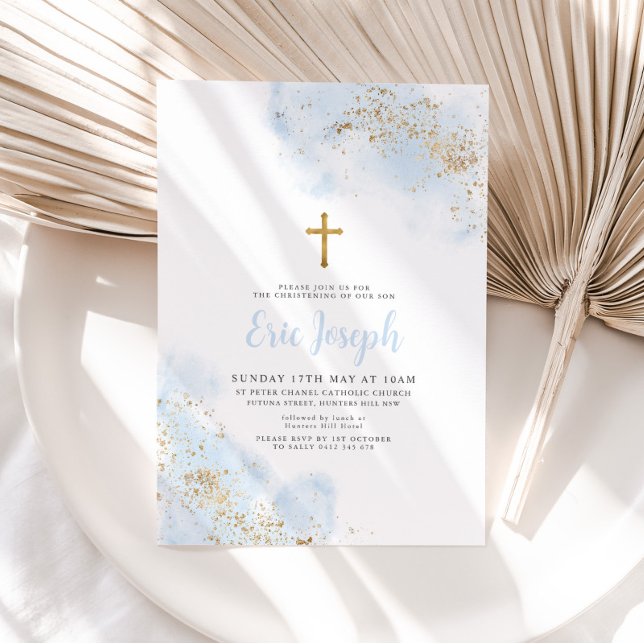 Blue Watercolor Gold Cross Boy Christening Baptism Invitation (Creator Uploaded)