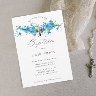 Blue Watercolor Gold Cross Boy Christening Baptism Invitation
