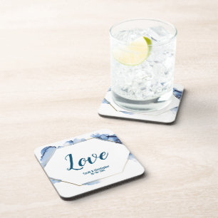 Blue Watercolor gold frame Wedding Coaster