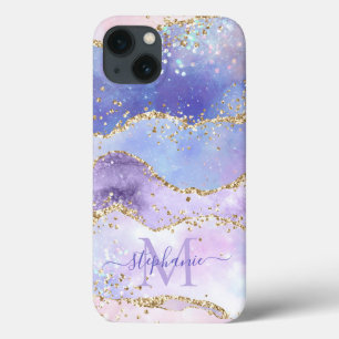 Blue Watercolor Gold Glitter Agate Personalised iPhone 13 Case