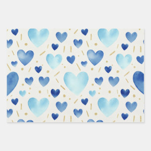 Blue Watercolor & Gold Glitter Hearts Wrapping Paper Sheet