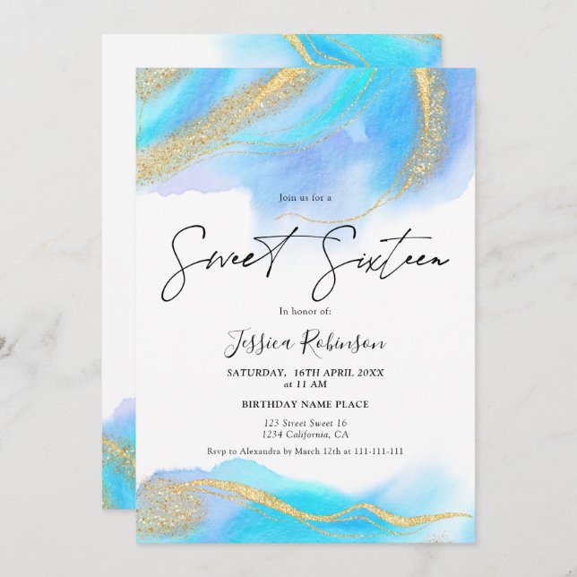 Blue watercolor gold glitter photo Sweet 16 Invitation (Front/Back)