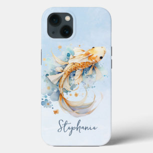 Blue Watercolor Gold Koi Fish Personalised iPhone 13 Case