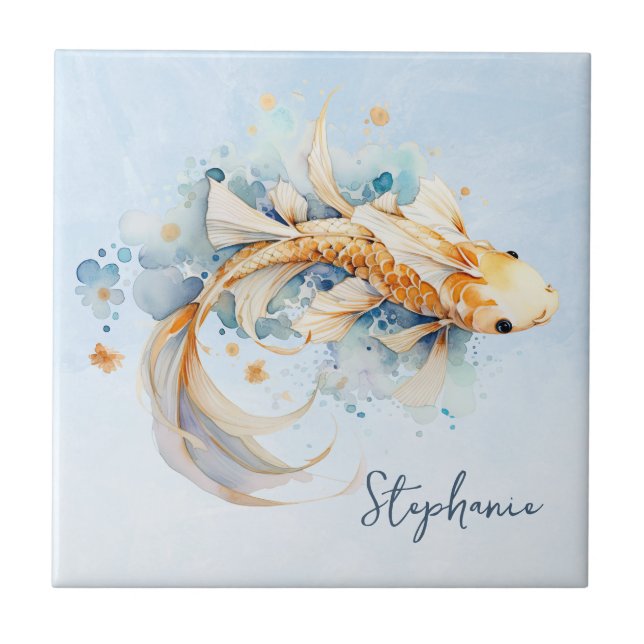 Blue Watercolor Gold Koi Fish Personalised Ceramic Tile (Front)