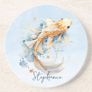 Blue Watercolor Gold Koi Fish Personalised Coaster