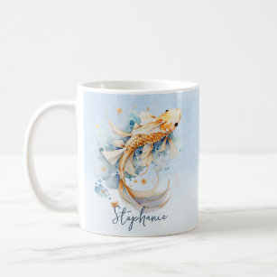 Blue Watercolor Gold Koi Fish Personalised Coffee Mug