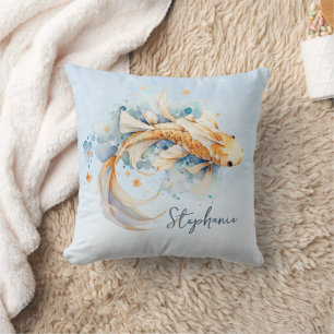 Blue Watercolor Gold Koi Fish Personalised Cushion