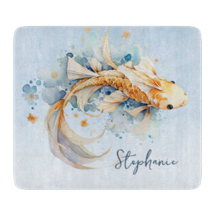 Blue Watercolor Gold Koi Fish Personalised Cutting Board