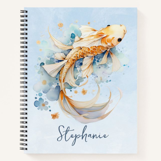 Blue Watercolor Gold Koi Fish Personalised Notebook (Front)