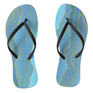 Blue Watercolor Gold Line Abstract Painting Flip F Thongs