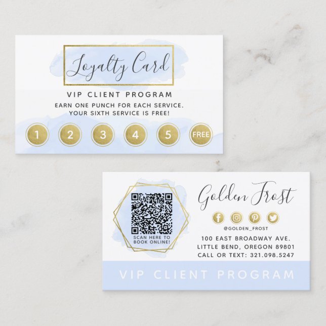 Blue Watercolor & Gold Loyalty Punch Stamp QR Business Card (Front/Back)
