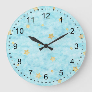 Blue Watercolor Gold Stars Large Clock