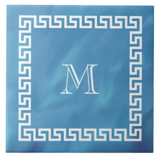 Blue Watercolor Greek Key Ceramic Tile
