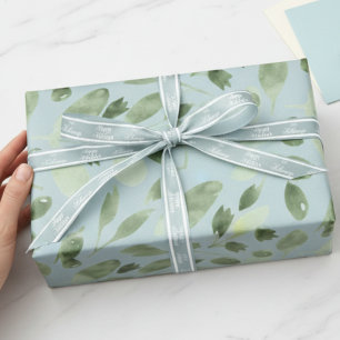 Blue Watercolor Greenery Holiday Wrapping Paper