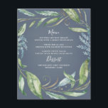 Blue Watercolor Greenery Wreath Wedding Menu Cards<br><div class="desc">Design features a printed watercolor steel blue or deep dusty blue background with a eucalyptus wreath decorated with foliage (fern,  etc.) and botanical elements in gold,  shades of green and blues. The back features the same matching watercolor blue background. Elegant white typography is used within and below the wreath.</div>
