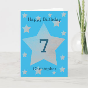 Blue Watercolor Grey Stars 7th Birthday Card