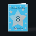 Blue Watercolor Grey Stars 8th Birthday Card<br><div class="desc">Grey watercolor stars happy 8th birthday card for son, nephew, grandson, etc. The front features watercolor grey stars and a place for you to personalise with the birthday recipient's name. The inside card message can be easily personalised and the back with the year. This would make a great personalised eighth...</div>
