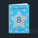 Blue Watercolor Grey Stars 8th Birthday Card<br><div class="desc">Grey watercolor stars happy 8th birthday card for son, nephew, grandson, etc. The front features watercolor grey stars and a place for you to personalise with the birthday recipient's name. The inside card message can be easily personalised and the back with the year. This would make a great personalised eighth...</div>