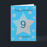 Blue Watercolor Grey Stars 9th Birthday Card<br><div class="desc">Grey watercolor stars happy 9th birthday card for son, grandson, godson and more. The front features watercolor grey stars and a place for you to personalise with the birthday recipient's name. The inside card message can be easily personalised and the back with the year. This would make a great personalised...</div>