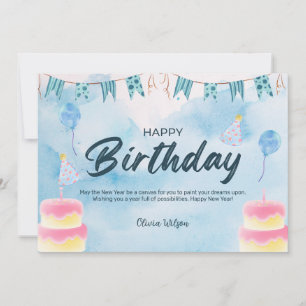 Blue Watercolor Happy Birthday  Invitation