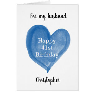 Blue Watercolor Heart 41st Birthday Husband
