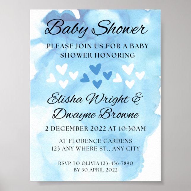 Blue Watercolor Heart Baby Shower  Postcard Poster (Front)