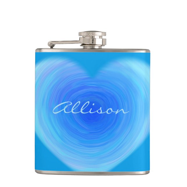 Blue Watercolor Heart Personalised Script Modern Hip Flask (Front)