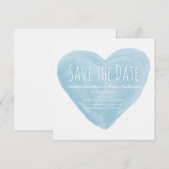 Blue Watercolor Heart Save the Date Invite (Front/Back)